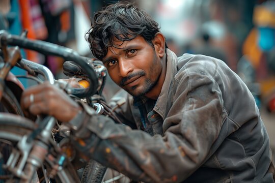 A focused individual repairing a bicycle in a bustling marketplace, showcasing dedication and craftsmanship.