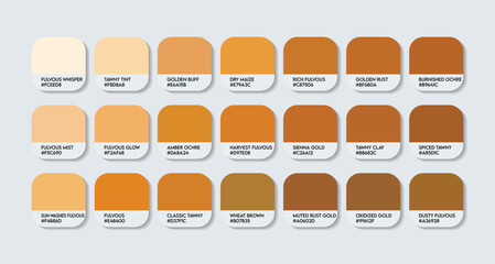 Fulvous Color Palette. Fulvous Tones Swatch Chart with HEX Codes and Color Names. Warm Gold Brown Variants Variants Infused Orange Tone Palette. Light and Highlight Orange color palette design