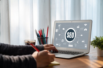 SEO search engine optimization for modish e-commerce and online retail business showing on computer...