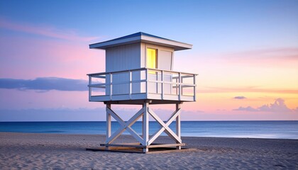 Scenic lifeguard tower at sunset on a tranquil beach with calm ocean waves and colorful sky