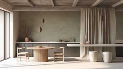 japandi ethnic minimal kitchen full view, olive clay wall, low ceiling kitchen zone, linen curtain divider, plaster table block, smooth transition