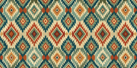 Colorful geometric pattern in earthy tones with intricate diamond shapes.