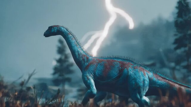 A long necked creature roams a misty landscape Lightning flashes in the distance illuminating coniferous trees The scene evokes a sense of mystery and prehistoric wonder