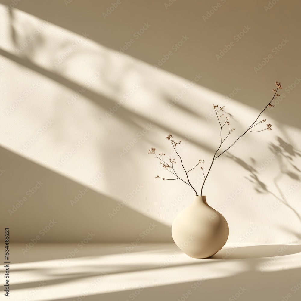 Poster minimalist vase with delicate branches casting shadows in soft light during the afternoon