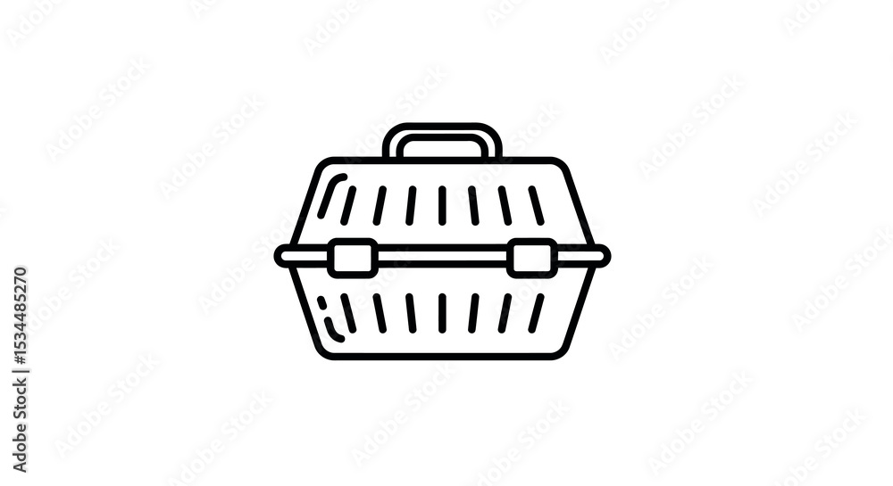 Poster monochrome pet carrier icon in outline style with handle and secure latches vector illustration