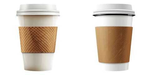 Brown kraft paper coffee cups with white lids isolated on transparent PNG background image perfect for café branding and packaging