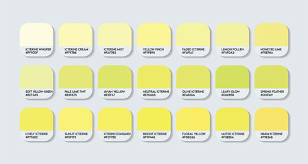 Icterine Color Palette. Icterine Tones Swatch Chart with HEX Codes and Color Names. Green-Yellow and Olive Tints Variants Infused neon Yellow Tone Palette. Golden and Warm Tints Variants color palette