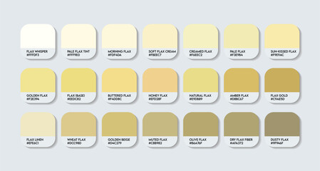 Flax Color Palette. Flax Tones Swatch Chart with HEX Codes and Color Names. Warm Yellow Beige Tones Variants Infused light Yellow Tone Palette. Earthy and Gray Tinted Variants color palette design