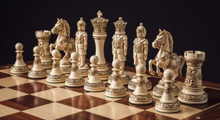 Elegant Chess Set on Wooden Board - A classic chess set, intricately carved pieces arranged on a rich wooden board against a dark background. Perfect for strategy, game, competition themes