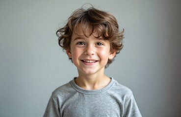 Adorable young boy smiles directly camera on grey backdrop. Child, face close-up portrait shows happy expression, white teeth. Boy curly brown hair adds charm. Ideal for projects about childhood joy,