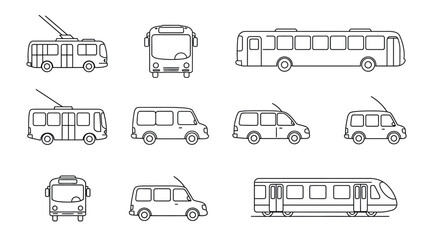 Collection of simple outline drawings of various public transportation vehicles vector illustration