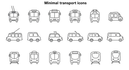 Minimalist transport icons: buses, cars, and trains in simple line art vector illustration