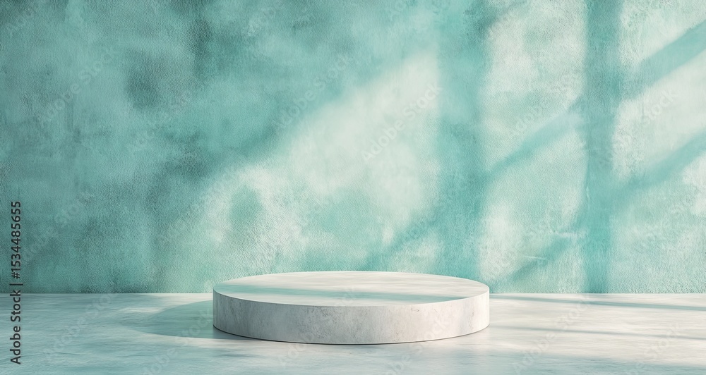 Poster modern minimalist podium on a light blue textured background with soft shadows; ideal for display an