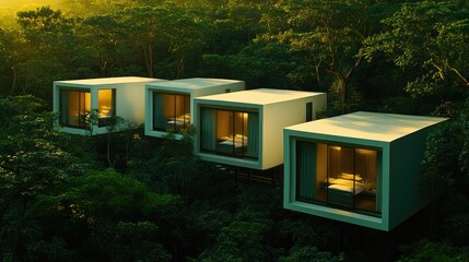 Naklejka premium Modern treehouses nestled within a lush forest.