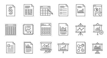 Business and finance line icons: documents, charts, calendars, and graphs set vector illustration