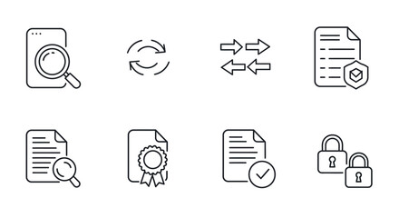 Document and security icons: magnifying glass, arrows, locks, certificate, and shield vector illustration