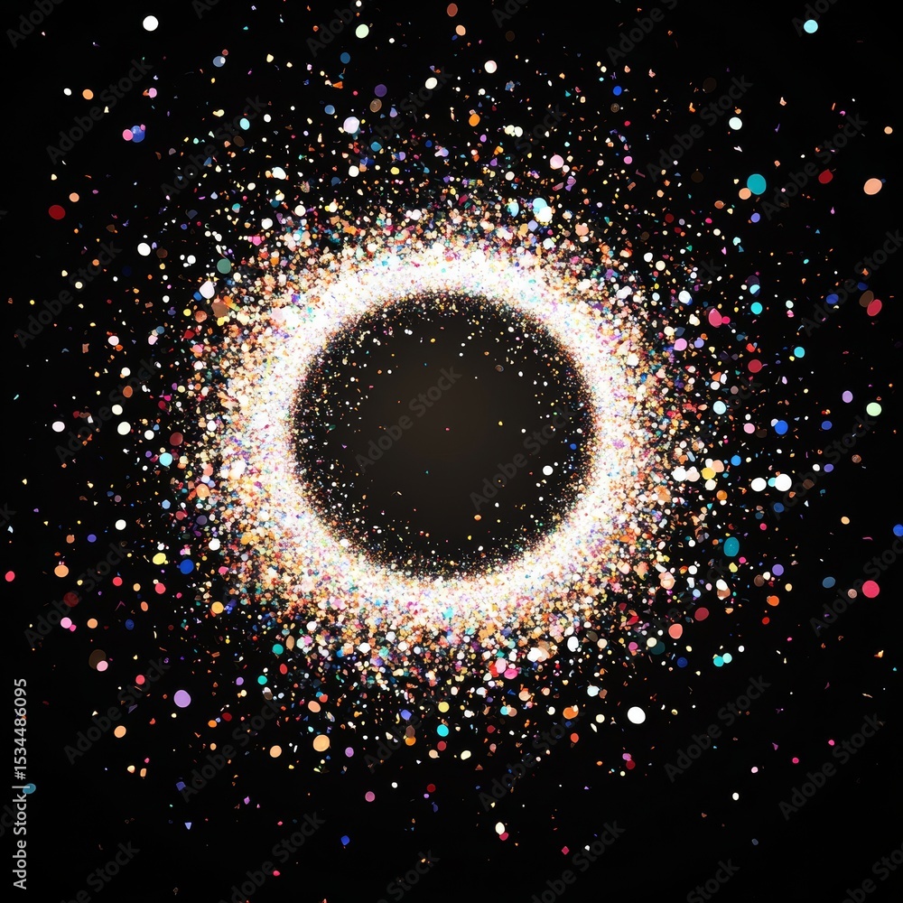Poster colorful cosmic dust forms a mesmerizing circular pattern in deep space against a black background