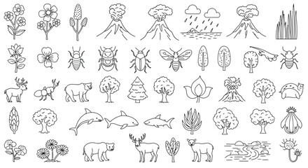 Fototapeta premium Nature and wildlife outline icons featuring animals, plants, and natural phenomena vector illustration