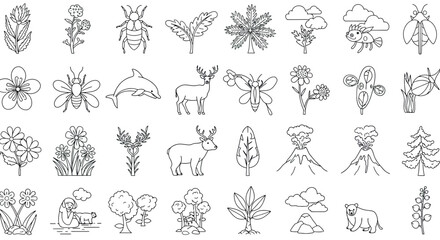 Nature outline collection: animals, plants, trees, insects, volcanoes, clouds, flowers vector illustration