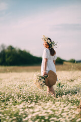 Daisy Field Woman Summer, girl walking through flower field during sunny summer day to enjoy nature