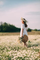 Foto auf Acrylglas Pflegezentrum Daisy Field Woman Summer, girl walking through flower field during sunny summer day to enjoy nature  © svetograph