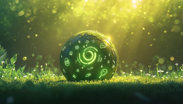 A green Earth globe surrounded by icons representing different environmental themes, such as energy flow and waste management, set against lush grass with sunlight shining down on it.