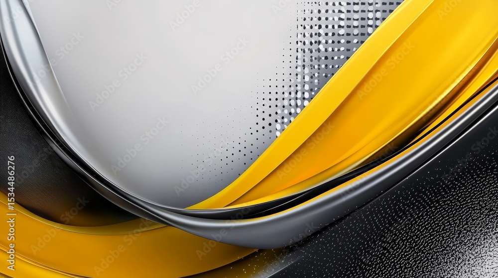 Poster dynamic abstract design featuring flowing silver and yellow curves against a textured black backgrou