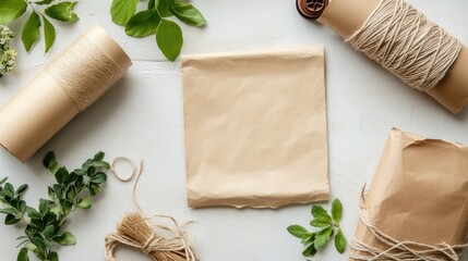 Natural Packaging Materials for Eco-Friendly Crafts and Gifts on White Surface with Greenery Accents