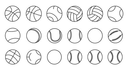 Set of 16 black and white sports balls including basketball, volleyball, and baseball vector illustration