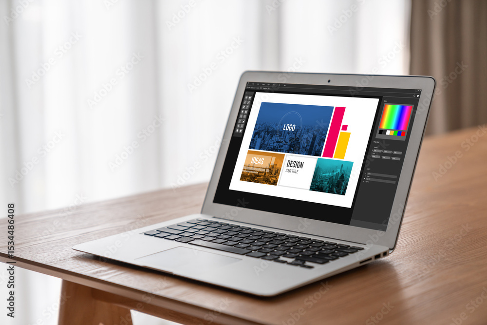 Poster graphic designer software for modern design of web page and commercial ads showing on the computer s