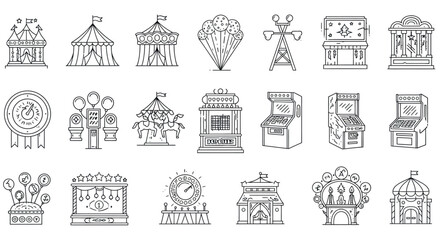Vintage carnival icon set: ferris wheel, carousel, circus tent, arcade machines, prize booths vector illustration