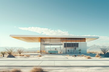 A modern minimalist building in a vast desert landscape with clear blue skies, blending nature with architecture.