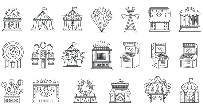 Vintage carnival icon set: ferris wheel, carousel, circus tent, arcade machines, prize booths vector illustration