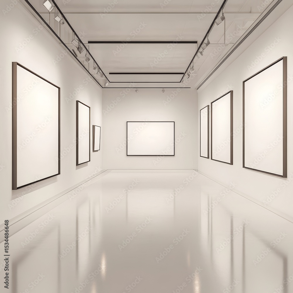 Poster spacious art gallery featuring empty frames ready for exhibition in a minimalist setting with polish