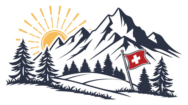 Swiss patriotic vector with mountain landscape and flag, perfect for Swiss National Day, outdoor adventure themes, and Switzerland tourism illustrations. - Powered by Adobe