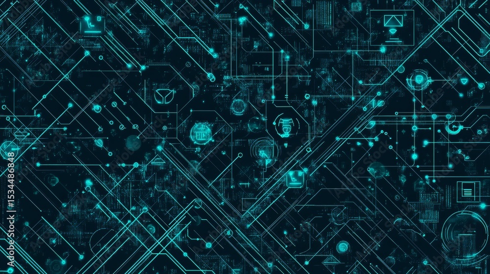 Aufkleber Visual Representation of Digital Technology With Interconnected Circuits and Icons on a Dark Background Showcasing Data Flow and Innovation