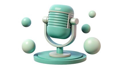 3d rendered microphone with floating spheres on a white background podcasting audio recording concept.