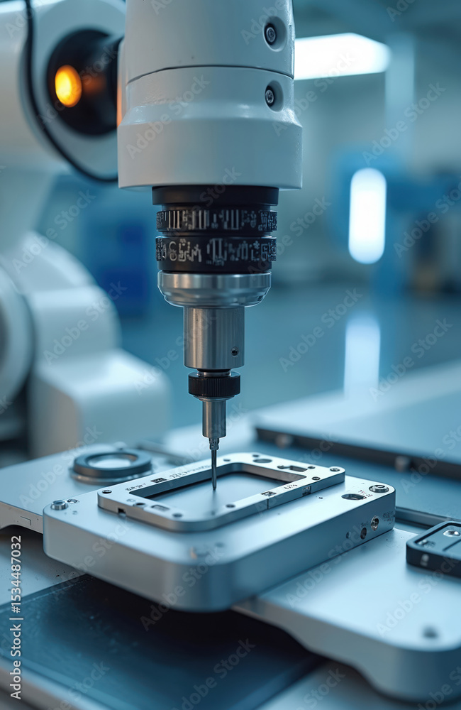 Poster automated vision sensor machine measuring aluminum mobile phone part, ensuring precision in quality 