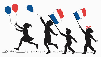 Vector silhouette of French children walking with national flag and balloons, symbolizing freedom, childhood joy, and cultural unity, perfect for Bastille Day or educational visuals.