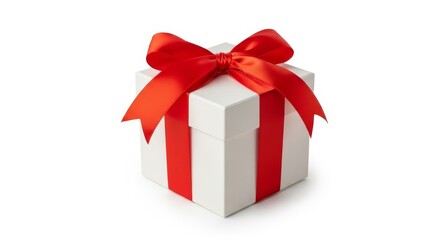 Obraz premium Festive Gift Box with Red Ribbon - A pristine white gift box adorned with a vibrant red ribbon, symbolizing celebration, joy, surprise, appreciation, and love.
