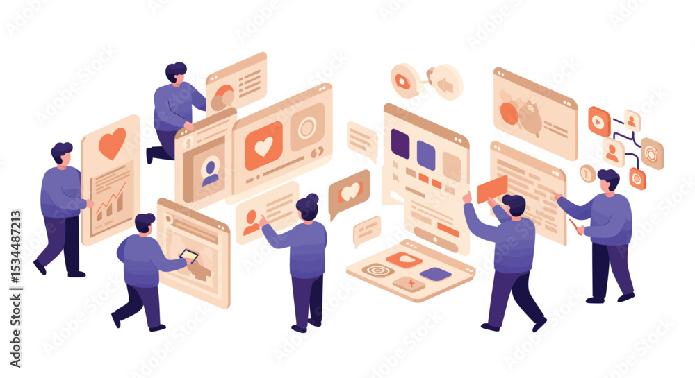 Poster team collaboration and data analysis with interactive interfaces vector illustration