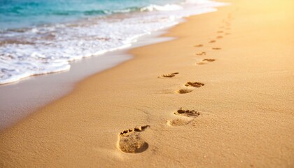 Tranquil beach scene with footprints in the sand leading to the gentle waves at sunset