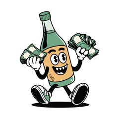 A cheerful, anthropomorphic bottle character with a light green cap and a mix of green and tan coloring on its body is standing upright