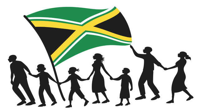 Vector illustration of a proud Jamaican family holding hands with a waving national flag, perfect for Independence Day, cultural celebrations, heritage posters, and patriotic designs.