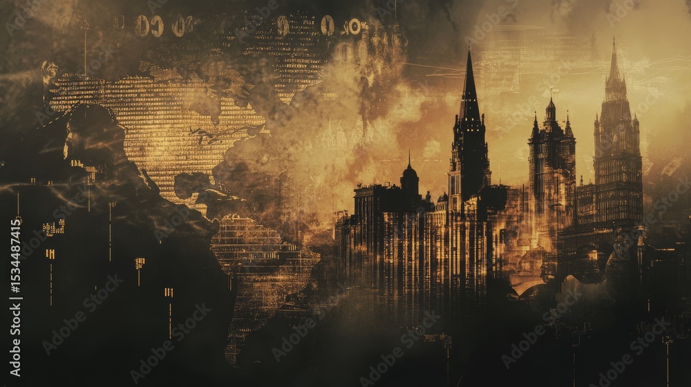 Poster silhouetted skyline of a modern city with historical architecture and an abstract world map overlay 
