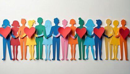 Vibrant paper cutouts human figures in rainbow colors holding hands, figure with heart. Symbol of diversity, love, connection, community, support. Concept teamwork, friendship, equality, compassion,