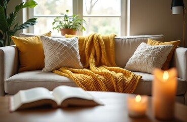 Cozy living room with beige sofa and yellow blanket with pillows. Interior design, home decor with candles and open book. Autumn vibes with comfort and relaxation, home sweet home.