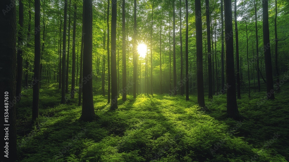 Poster sunlight filters through tall trees in a lush green forest during the morning, creating a serene and