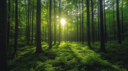 Fototapeta premium Sunlight Filters Through Tall Trees in a Lush Green Forest During the Morning, Creating a Serene and Tranquil Atmosphere