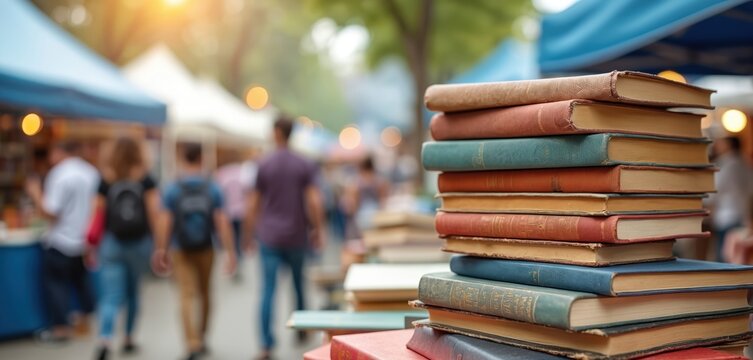 Stack colorful books book fair event. People browse books. Education reading community event. Culture knowledge, literacy, study. Stacked book covers, bookshop, bookstore. Readers learn. Intellectual